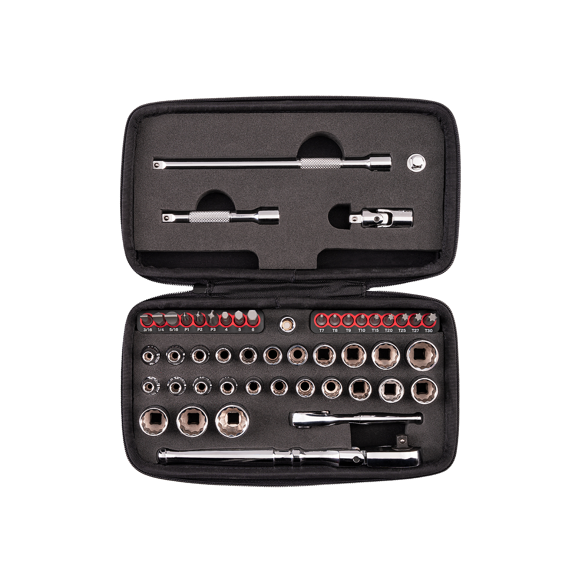 TEKTON 1/4 Inch Drive 12-Point Small Engine Shallow Socket, Bit, and Flex Head Non-Quick-Release Ratchet Set with Case (50-Piece) | SKT07907
